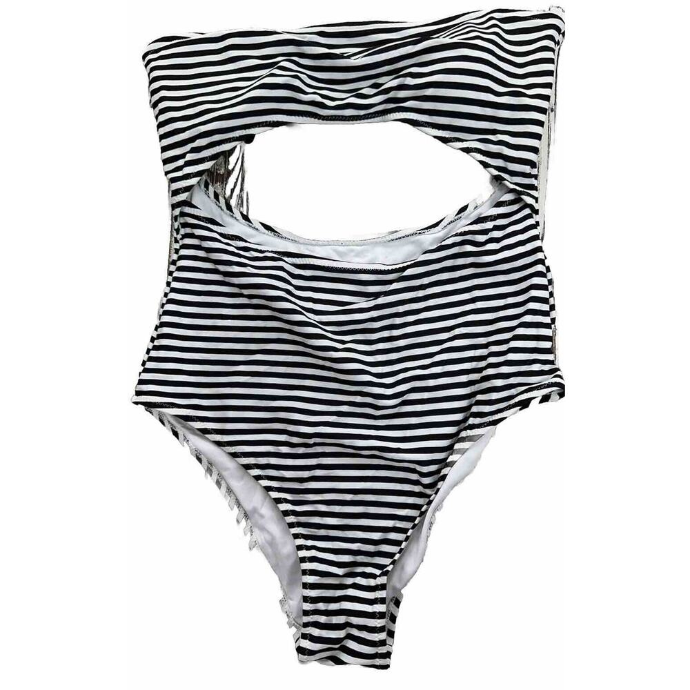 Cup She Swimsuit Womens Large Strapless Black White Striped One-piece Monokini - Picture 1 of 7